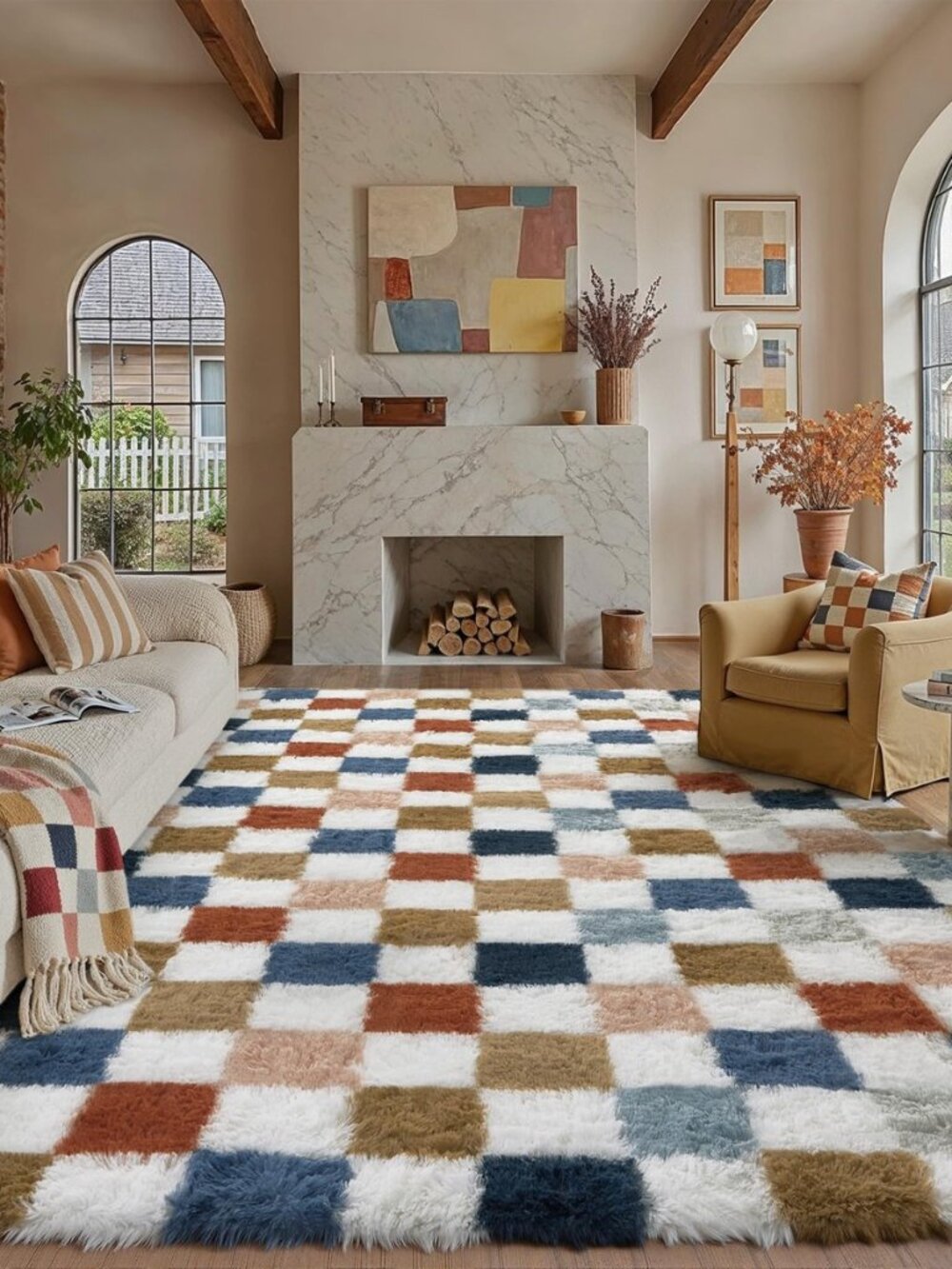Checkered Area Rug 9x12 for Living Room Soft Fluffy Shag Carpet